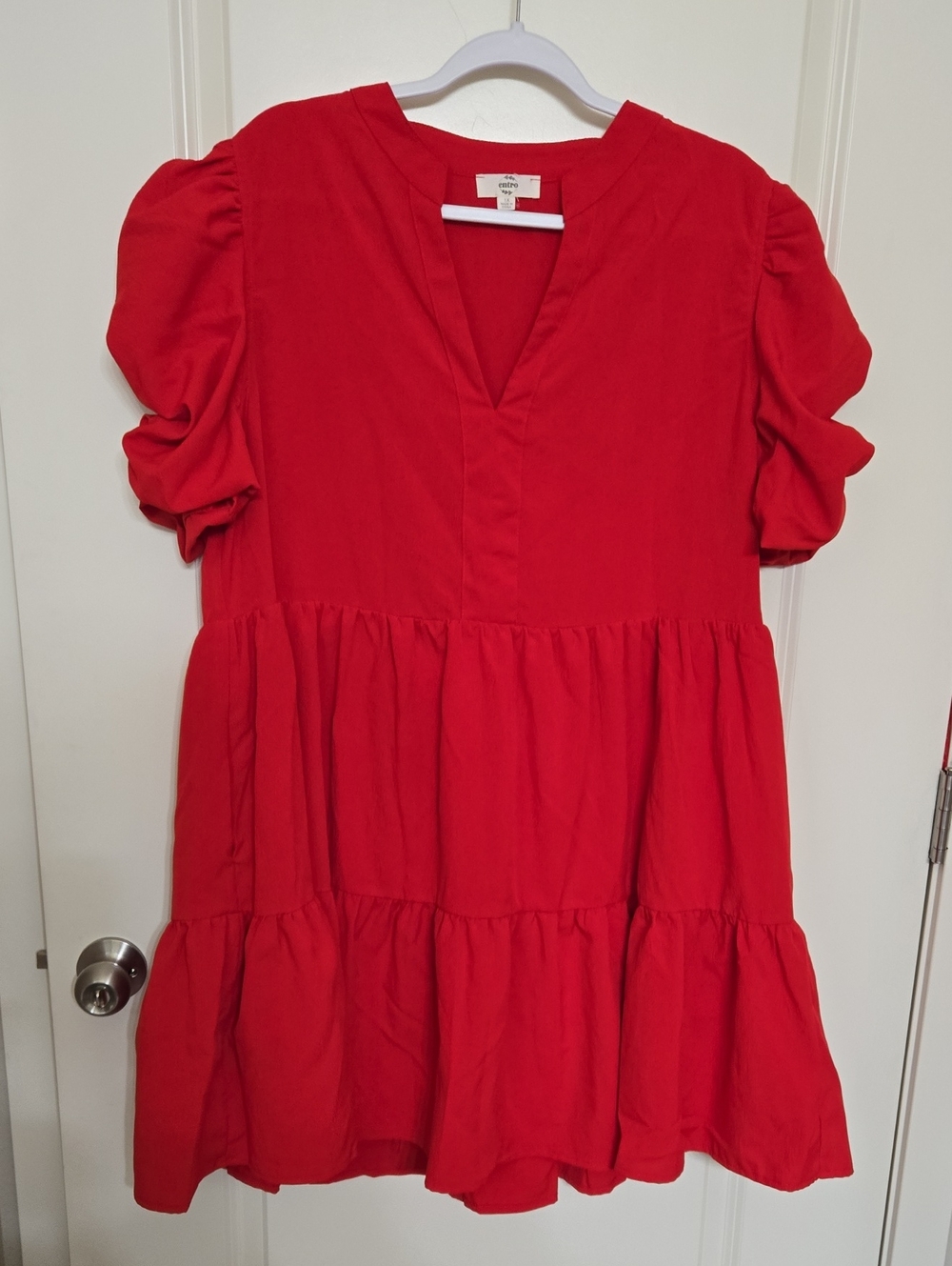 entro Red Tiered V-Neck Mini Dress with Puff Sleeves